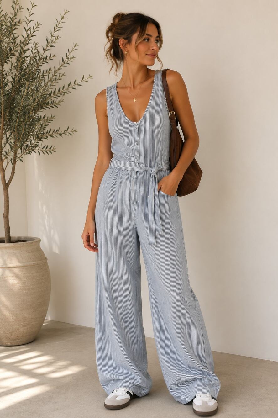 Obey Blue White Striped Sleeveless Jumpsuit Womens 27 Beachy Lightweight Casual